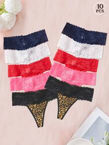 10 pièces Femmes Culotte Couleur Unie Sexy Imprimé Léopard Sous-vêtements Slip Taille Basse G-String Patchwork Transparent Dentelle Florale Imprimé Guépard Lingerie