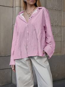 新款时尚优雅条纹领纽扣前襟镂空系带休闲衬衫，适合度假、日常、办公、旅行等场合。 - 粉色 - 查看 3