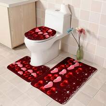 1pc/4pcs Classic Rose Heart Shaped Shower Curtain Set - Heart, Balloon, Rose, Teddy Bear Design - Fashionable Polyester Woven Valentine's Day Decor, Spring Decor, Bathroom Divider Curtain With 12 Hooks, Non-Slip Bath Mat, Toilet U-Shaped Mat, Toilet Lid Cover, Bathroom Set - Multicolor - View 7