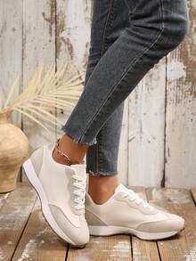 2025秋季新款加大码女式休闲透气运动鞋厚底白色鞋 - 米色 - 查看 6