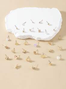 30pcs Assorted Women's Fashion Earrings Set, Metal Faux Pearl, Cute Flower, Heart, Square, Geometric, Rhinestone, Casual Everyday Wear Jewelry Gift - Multicolor - View 2