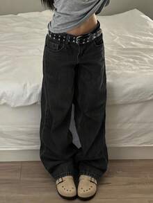 女士复古宽松直筒牛仔裤 - 黑色 - 查看 1