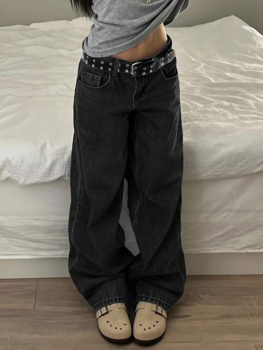 女士复古宽松直筒牛仔裤 - 黑色 - 查看 1