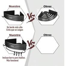 Juego de 2 Estantes de esquinero para bao - Organizador de regadera y Porta Shampoo Autoadhesivo sin Taladro. Repisas esquineras para bao, equipados con 8 Ganchos. Modelo Alto Negro. - inicial - Ver 5