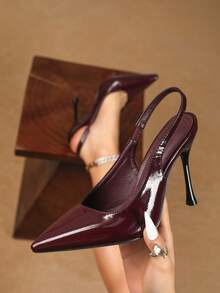女士尖头镂空露跟高跟鞋，低鞋面，细高跟礼服鞋，优雅性感派对鞋，搭配连衣裙、假日必备，露跟高跟凉鞋，尖头V形开口设计鞋 - 酒紅色 - 查看 3