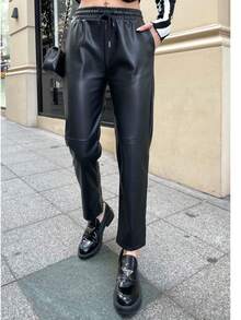 Women's Black PU Leather Tapered Pants With Drawstring And Pockets Casual Elegant Style Medium Stretch Long Cropped - Black - View 1