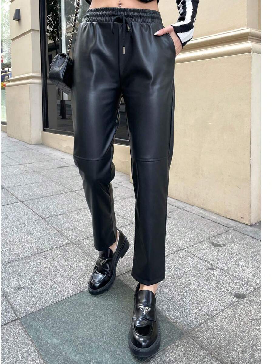 Women's Black PU Leather Tapered Pants With Drawstring And Pockets Casual Elegant Style Medium Stretch Long Cropped - Black - View 1