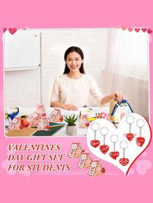 18Pcs Valentine's Day Gifts 6Set Valentine's Day Students Gifts 6 Heart Keychain, 6 Gift Label Tags, 6 Organza Bags Classroom Exchange Gifts Valentines Goodie Bag Fillers For Kids, Pink - Multicolor - View 5