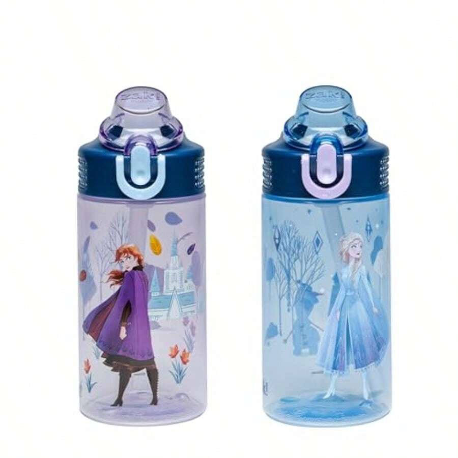 AWYYDisney Frozen Sage Water Bottle For School Or Travel 16oz Durable Plastic Water Bottle With Straw Handle And Leak-Proof Pop-Up Spout Cover 2-Pack Set Anna And - 迪士尼冰雪奇緣安娜艾莎 - 查看 1
