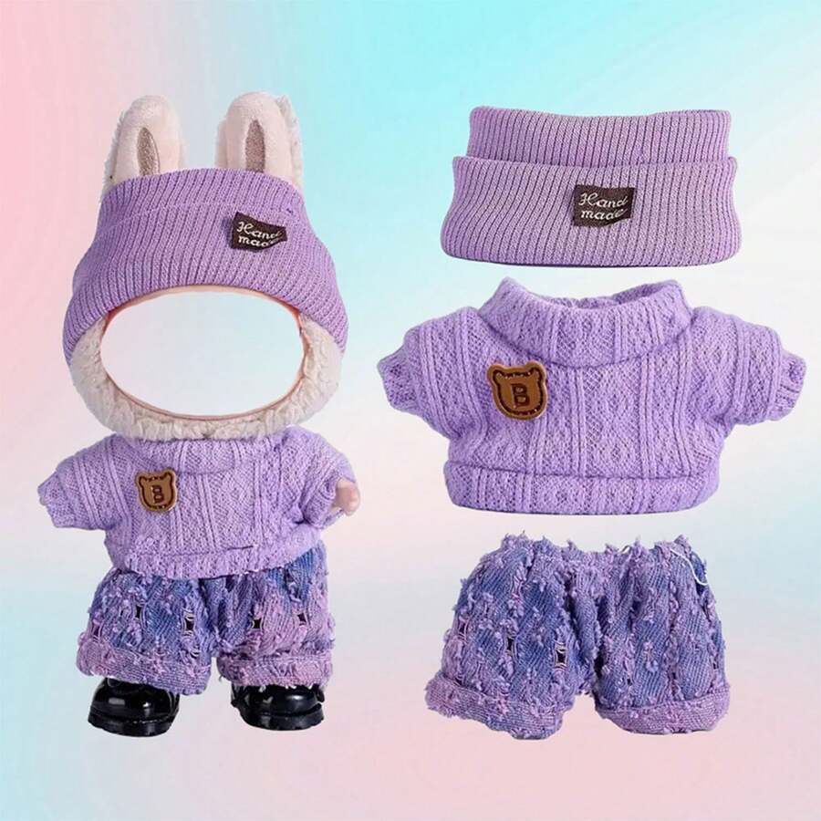 Doll Clothes Outfit Suitable For 17cm Pendant Keychain Doll Plush Doll, Cute Sweater Set Doll Accessories, Purple - Purple - View 1