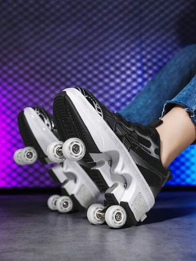 1-Click Retractable Inline Skates For Men, Convenient Carry, Walk Or Glide Quickly, Lace-Up Casual Shoes, Suitable For Men And Women, All Seasons