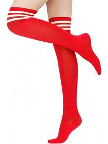 1Pc Women's Plus Size Y2K Christmas Red Striped Over-The-Knee Socks - Festive High Elastic Cozy Knitted Thigh Highs For Holiday Parties, Anti-Slip Silicone Grip Top Breathable Acrylic Hosiery, Perfect For Christmas Gatherings, Family Dinners, Holiday Events & Y2K  Styles - Đỏ - Xem 4
