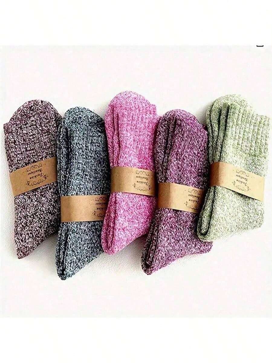 5 Pairs,Women's Spring  And Winter Warm Short Tube Socks, Women's Thick Knitted Warm And Comfortable Calf Socks, Retro Style Socks, Suitable For Outdoor Travel Wear - 彩色 - 查看 1