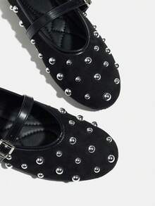 Women's New Rivet Decor Round Toe Ballet Shoes, Fashion Versatile Chic Strap Buckle Suede Soft Bottom Comfortable Mary Jane Shoes - Black - View 7