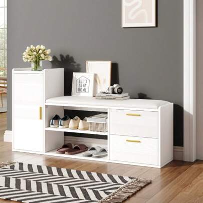 128*30*68cm Schuhschrank Schuhregal Mit 2 Schubladen 1 Schrank, Hochglanz Schuhbänke Sitzbänke Mit Gepolsterter Und Stauraum, Geeignet Für Wohnzimmer, Flur, Büro, White
