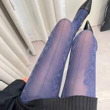 1 Piece Sweet Lolita Vertical Stripe Floral Pantyhose - Slim-Fit Navy Blue Sheer Year-Round Tights For Women, Versatile For Daily Wear, Holiday Gifting, Valentine's Day & Party Occasions - Màu xanh đậm - Xem 2