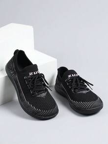 女士宽楦平底针织鞋，黑色透气针织鞋面，柔软防滑鞋底，宽鞋头设计，宽松舒适，系带休闲鞋，适合日常通勤和休闲穿着，百搭显瘦 - 黑色 - 查看 3