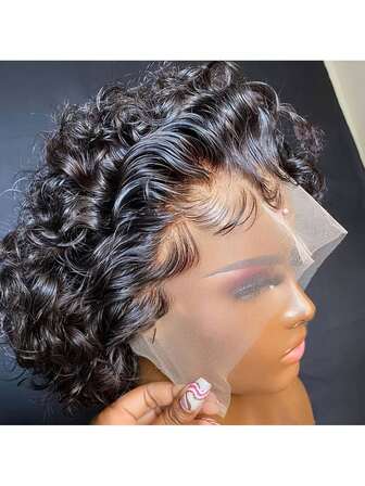 Short Curly Pixie Cut Wig Human Hair 13x1 Plucked Human Hair 6 Inch Natural Black Curly Wave For Women - Elegant Style, Versatile For All Ethnicities, Short Hair Wigs
