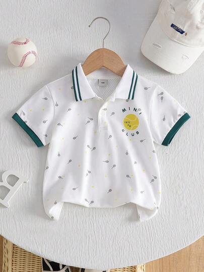 Young Boy Summer Casual Racket Print Short Sleeve Polo Shirt