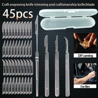 45件套雕刻刀套装，带收纳盒，包含#10、#11、#12、#15号锋利刀片，3个刀柄，手机维修贴纸，塑料制品修边刀片，皮革修复刀片，纸张切割刀片，适用于工业、雕刻、手工制作。