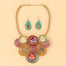 Handmade Exaggerated Multi-Layer Aluminum Wire Woven Bohemian, European, Middle Eastern Style Necklace & Earrings Set With Artificial Crystals, Suitable For Evening Party, Vacation - Multicolor - View 4