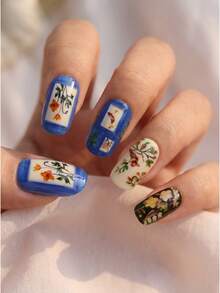 24pcs Hand-Painted Floral & Animal Rustic Press On Nails, Almond Shape Elegant Wearable Nail Art - HYC-DY-550 - 查看 9