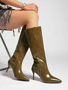 Nuevas botas de tacón alto de punta fina de gamuza para mujer en otoño, botas de tacón de gatito, para fiesta - Verde Oscuro - Ver 4