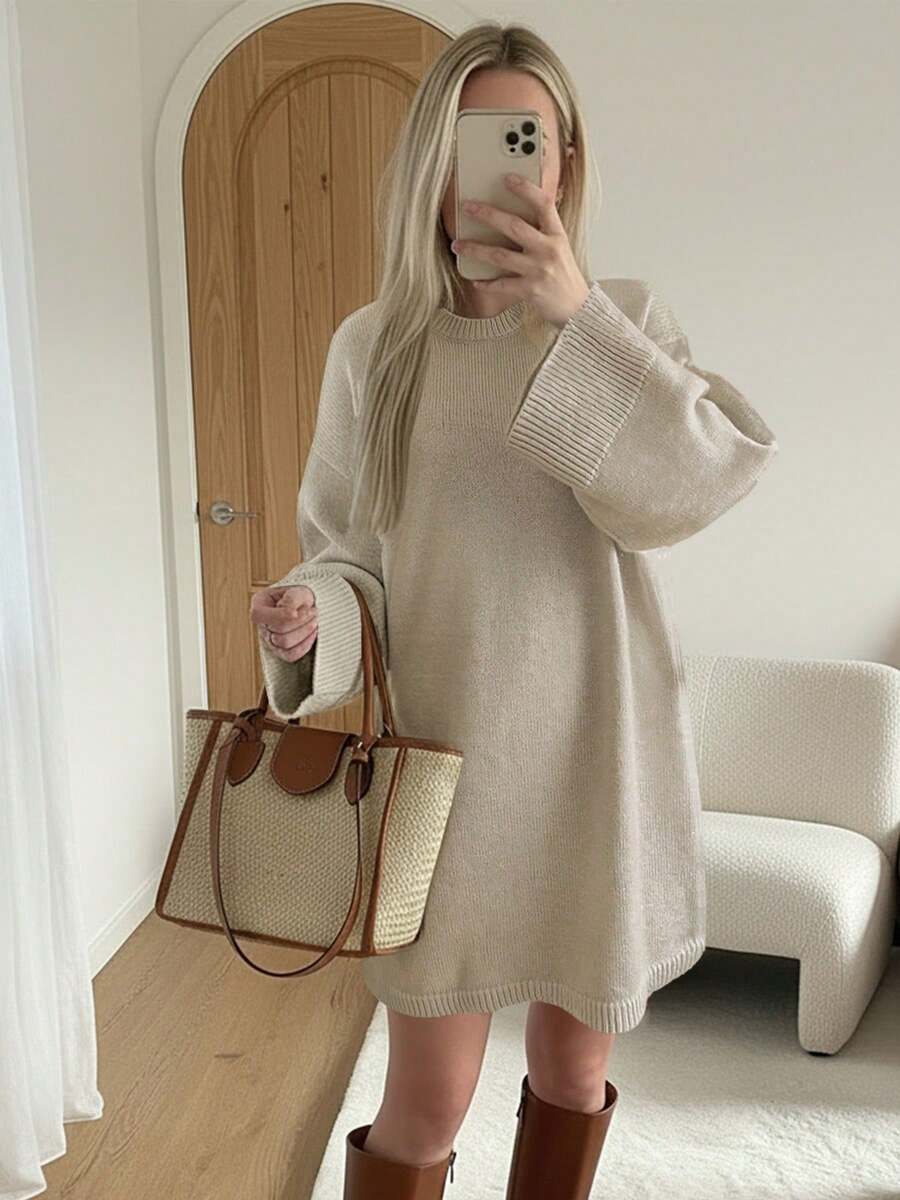 Women's Fall/Winter Korean-Style Elegant Loose-Fitting Sweater Dress, Gray Round-Neck Long Sleeves, Simplicity Leisure For Comfortable Wearing, Suitable For Daily Use And Going Out - Light Khaki - View 1