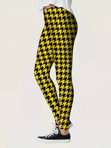 Women'S High-Waisted Print Leggings - Ultra-Soft, Comfortable Joggers With Bold Houndstooth Pattern, Black & Yellow Check Design, Perfect For Spring/Summer/Fall Casual Wear, Ladies Legging - style - 查看 4