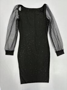 Nuevo vestido de noche elegante y encantador de mujer con cuello en V, mangas de malla y estampado de lámina, vestido ajustado