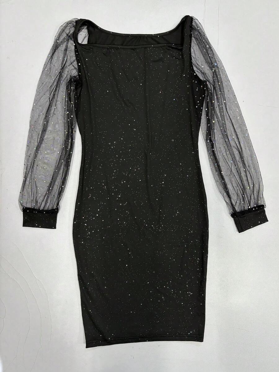 Nuevo vestido de noche elegante y encantador de mujer con cuello en V, mangas de malla y estampado de lámina, vestido ajustado