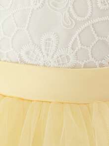 Baby Girls Hooded Sleeve Contrast Lace Mesh Bow Back Cute Birthday Party Dress, Suitable For Flower Girl, Wedding, No Headband Included - Champagne - View 7