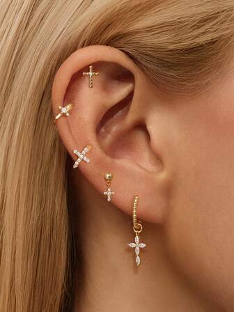 EleRunis 2 piezas/ 3 piezas Pendientes de cartílago con cruz de plata de ley 925 para uso diario, boda, fiesta, compromiso, aniversario, Día de San Valentín