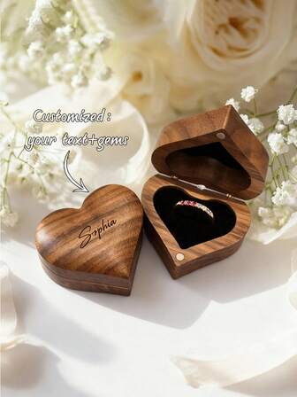 Customized 12 Birthstone Embedded Ring With Engraved Name & Wooden Heart Shaped Ring Box, Valentine's Day, Mother's Day, Birthday, Anniversary, Graduation, Christmas Gift For Friends, Family, Premium