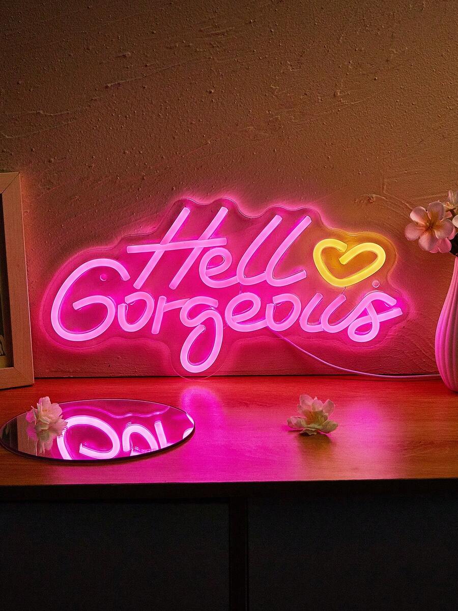 Hello Gorgeous LED Neon Sign | USB Powered, Wall Hanging For Weddings, Home Decor, Parties - HelloGorgeous (pink Lettering With a Warm White Heart) - View 1