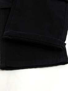 Young Boy's Black Wide Leg Cargo Jeans, Multi-Pocket Design, Adjustable Waist, Casual Denim Workwear Pants, Back To School - Black - View 10