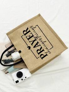 女士时尚“祈祷”字母印花手提包套装，含手拿包和拉链小袋，多功能女士包，派对/节日礼物，时尚手提包和化妆包套装，印花“祈祷”字母手提包 - 彩色 - 查看 6