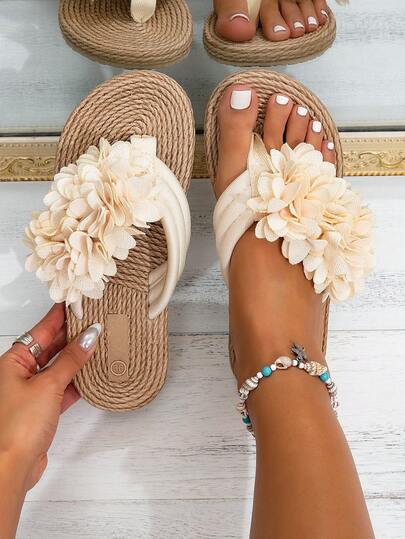 New Spring/Summer Floral Slippers, Women's Classic Beige Peony Flower Thong Sandals, Elegant Lightweight Beach Casual Flip Flops