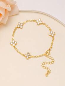 Elegant Fashion Four-Leaf Clover Zirconia Inlaid Hollow Four-Leaf Clover Bracelet Stainless Steel Women's Bracelet Set, Suitable For Daily Wear, Formal Occasions, Dates, And Gift-Giving - Yellow Gold - View 6