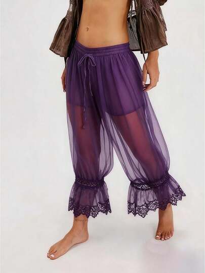 Women's Solid Color Untie Lace-Trimmed Semi-Transparent Solid Color Trousers, Women's Capri Trousers, Women's Spring/Summer Trousers.