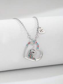 1pc Girls Cute Popular A-Z Letter Heart Unicorn Silver Plated Necklace, Suitable For Children's Birthday Gift, Date And Daily Wear
