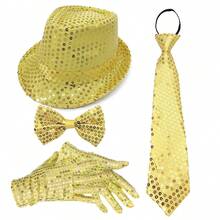 DEXCEED 4 Pcs 70s Disco Sequin Costume Kit With Hat, Tie, Gloves & Bow Tie For Party Night, Stage Looks, Cosplay, Halloween Dress-Up,Valentine's Day Costume - Multicolor - View 2