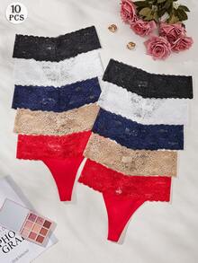 10PCS Calcinhas femininas de cor sólida, sexy, básicas, cintura baixa, fio dental, patchwork, transparente, renda floral, tanga, lingerie (vermelho, azul, damasco, preto, branco, 5 cores)