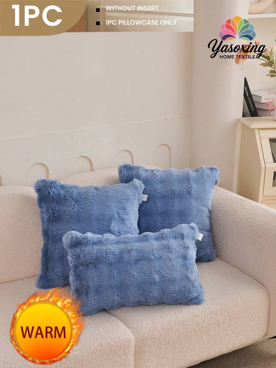 1 pieza Funda de cojín decorativa de piel de conejo sintética de color azul polvoriento sin relleno, funda de almohada suave y esponjosa de franela moderna con cierre de cremallera para el hogar, para sofá, sala de estar - Neblina azul - Ver 1