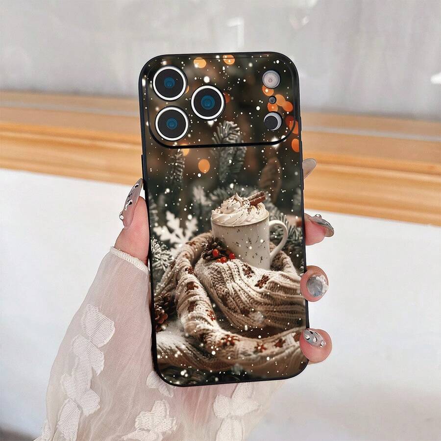 Funda de teléfono estética con patrón de toalla de té de leche navideña compatible con 17/16/11/15/14/13/12 Pro Max Plus, funda de teléfono negra, regalo de Año Nuevo, estilo de niña, regalo de temporada, regalo de vacaciones, diseño de moda, patrón lindo, funda duradera, funda de , mujeres jóvenes entusiastas de la estética - Negro - Ver 1