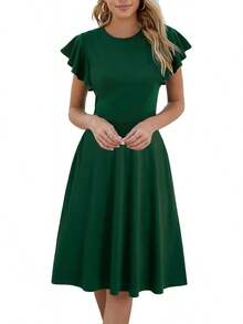 Women's Semi-Formal Ruffle Sleeve V-Back Work Fit And Flare Cocktail Knee Length Dress With Pockets, 2025 Style - Màu tím - Xem 5