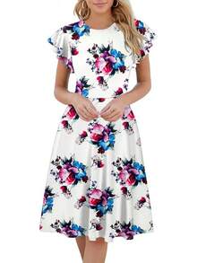 Women's Semi-Formal Ruffle Sleeve V-Back Work Fit And Flare Cocktail Knee Length Dress With Pockets, 2025 Style - 白色花卉 - 查看 12