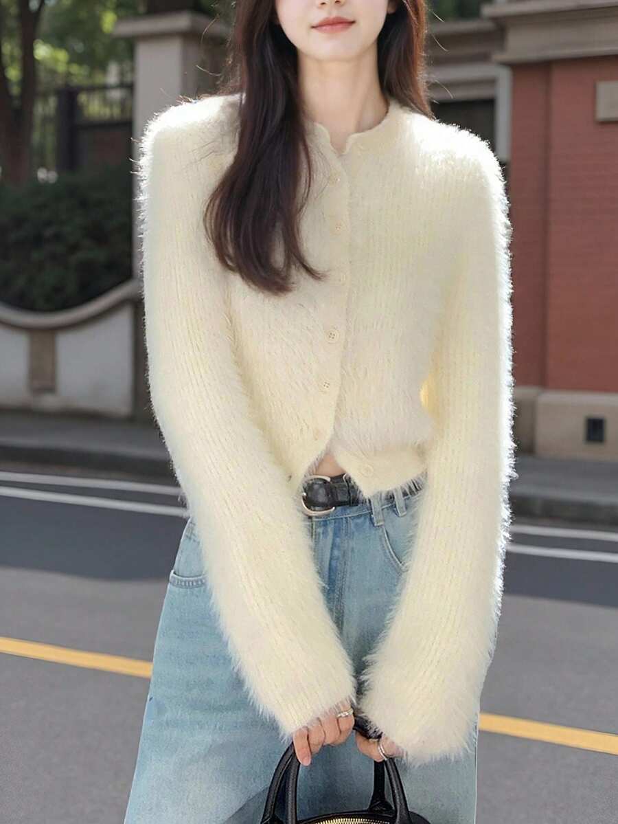 Alicedudu 休闲纯色蓬松圆领开衫、长袖上衣 - 米色 - 查看 1