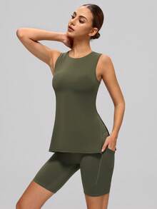 MASKERT Bộ đồ thể thao nữ 2 mảnh: Áo không tay cổ tròn (xẻ tà bên) + Quần short ôm sát, thân thiện với da và thoải mái, phù hợp cho tập thể dục và chơi tennis mùa hè. - Màu xanh Ô liu - Xem 7