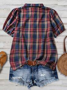 Women Country Music Festival Casual Plaid Puff Sleeve Shirt - Màu nâu Sô-cô-la - Xem 2